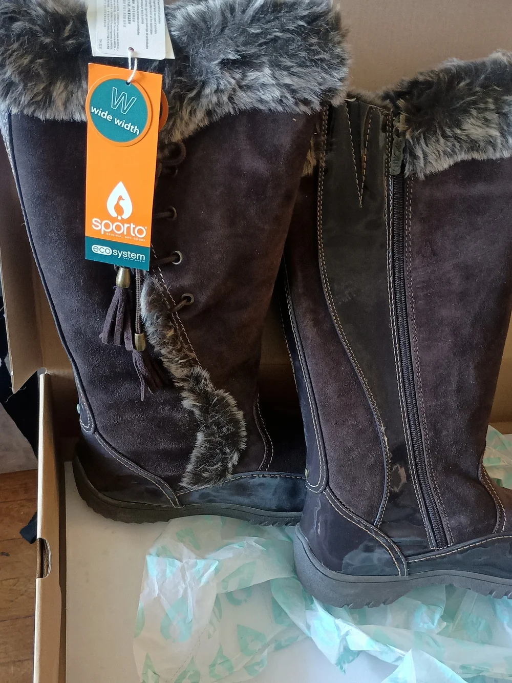 Sporto Brown Faux Suede Tall Winter Boots with Faux Fur Cuff